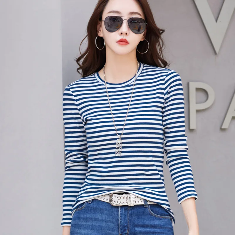 #0391 Spring Autumn Striped T Shirt Long Sleeve Slim Fit Cotton 95% Skinny Women\'s T-shirt Round Neck Office Tshirt Elegant