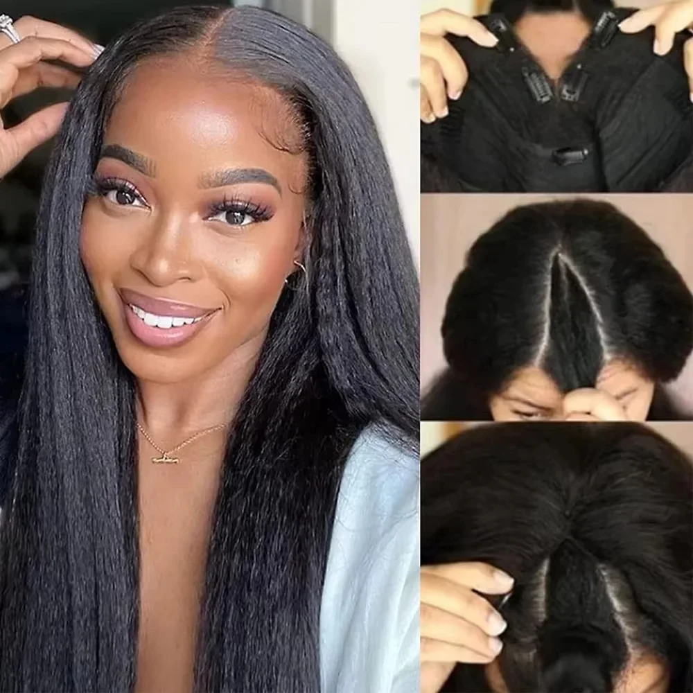V Part Kinky Straight Wig Human Hair For Women With Drawstring 200% Density U Part Upgrade Glueless No Leave Out Natural Color