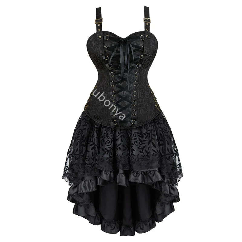 

Sapubonva Black Corset Dress 3 Set Plus Size Sexy Overbust Bustier Top Skirt Pirate Steampunk Victorian Burlesque Gothic Exotic
