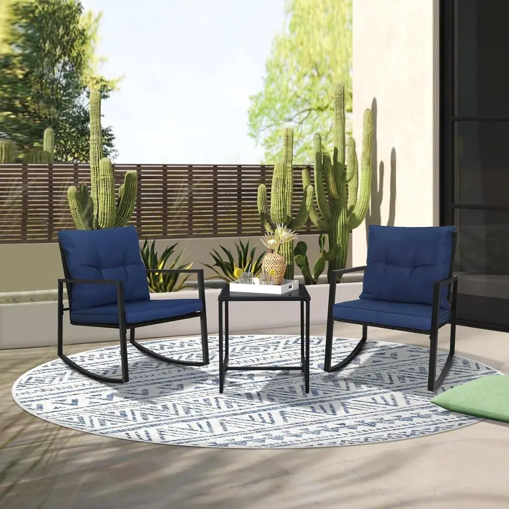 3 Piece Outdoor Rocking Bistro Set Black Wicker urniture Porch Chairs Contion Sets with Glass Coee Table, k Blue