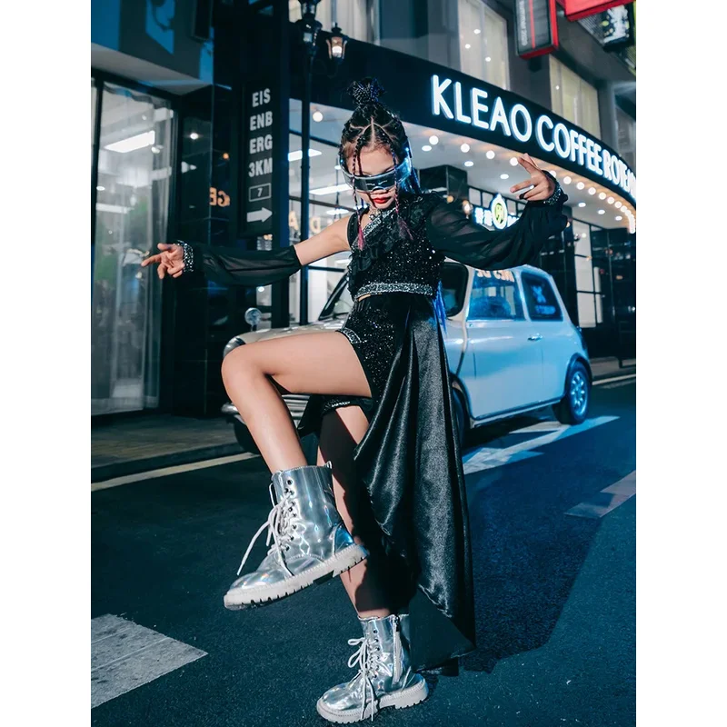 

ZZL K-pop Stage Urban Dance Costume Girl Clothes Sequin Black Dancer Outfits Cool Kids Jazz Catwalk Children Performance Singer