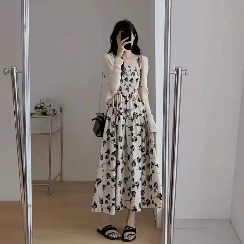 

Women's Spaghetti Strap Dresses Summer New Sweet Cute Floral Dress Woman Korean Chic Off Shoulder Party Maxi Dress 원피스 Платье