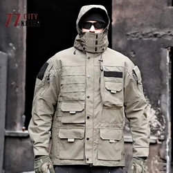 Men's Tactical Motorcycle Jacket Removable Hat Multi Pocket Zipper Coat Men's Outdoor Wind Proof Wear Resistant Workwear Top
