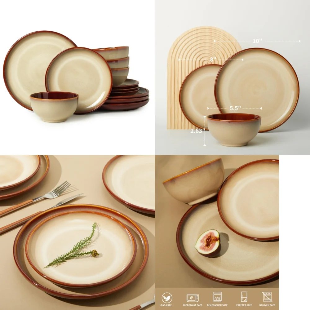 طقم أدوات مائدة سيراميك طقم أواني طعام ستون مع أطباق سيراميك وأوعية ميكروويف وآمنة للاستخدام في غسالة الأطباق #1