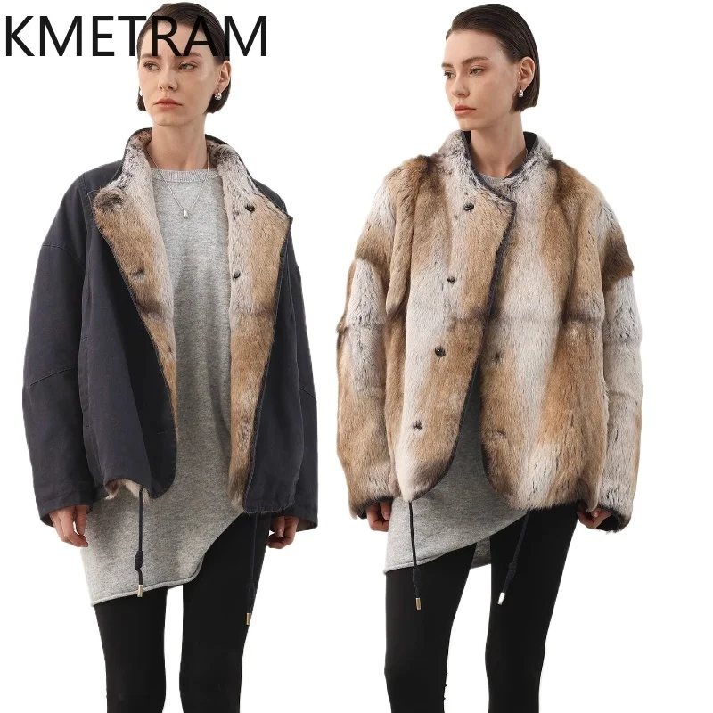 KMETRAM بطانة من فرو الأرنب الحقيقي ملابس خارجية جديدة مزدوجة الوجه معاطف من الفرو الحقيقي 2025 سترة نسائية شتوية قصيرة أربعة نسائية