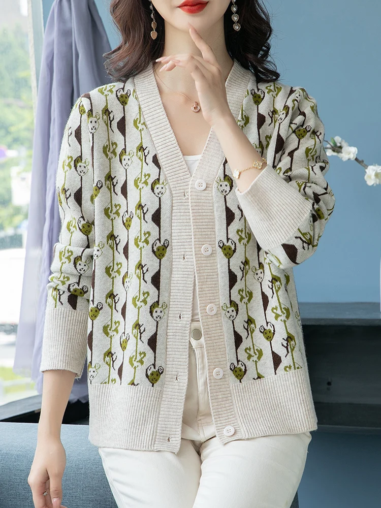 Geometrische Print Cardigan Sweater Vrouwen Lente Herfst Dames Kleding Lange Mouw Trui Single-Breasted Gebreide Vesten