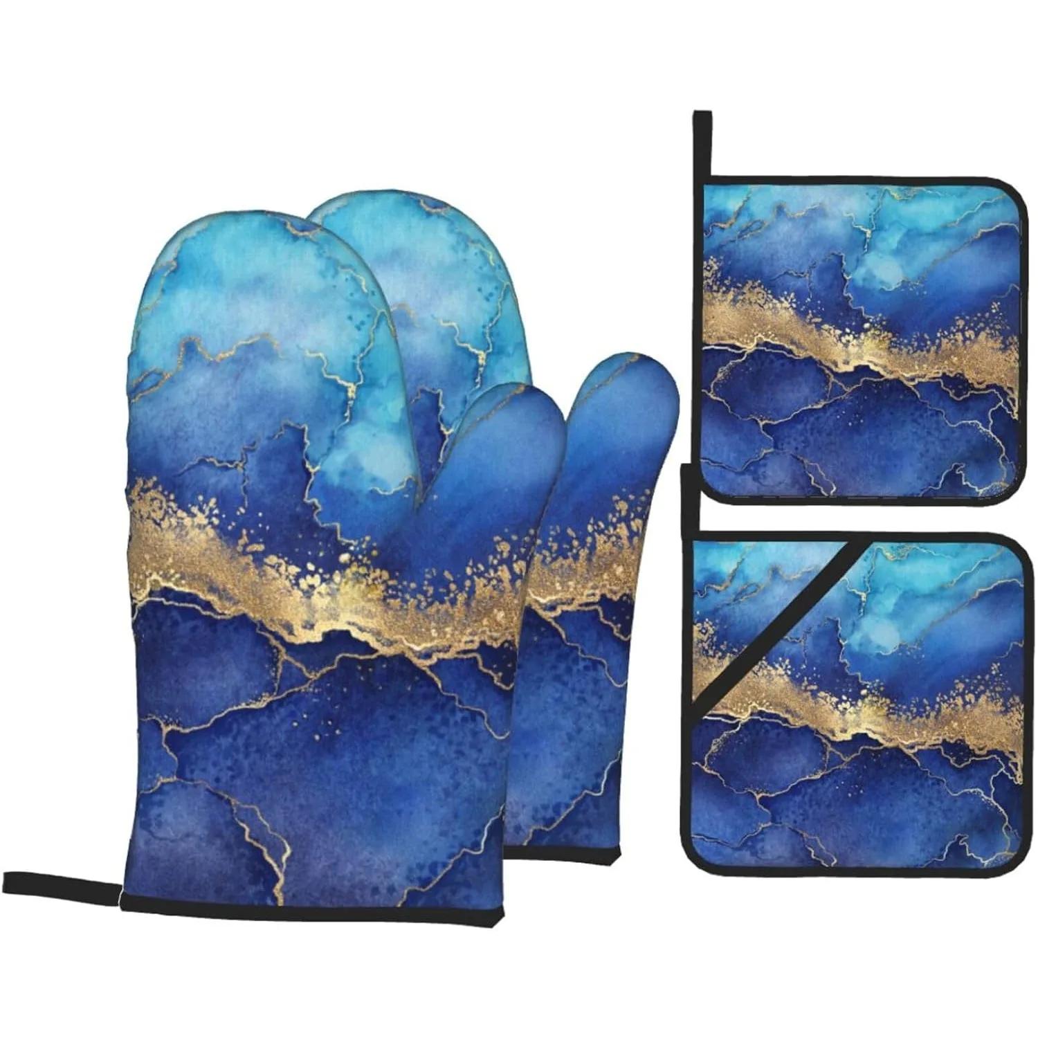Blue Marble Background Oven Mitts and Pot Holders 4 Pcs Set Marbling Texture Oven Glove and Potholder Suitable for Barbecues
