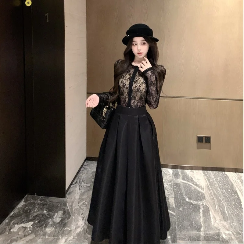 

Ele Bla Кружевной комплект Осень Зима Новый Sle Сексуальный маленький парфюм Ветер Высококачественный костюм Юбка Длинный свеч для поездок на работу Sle