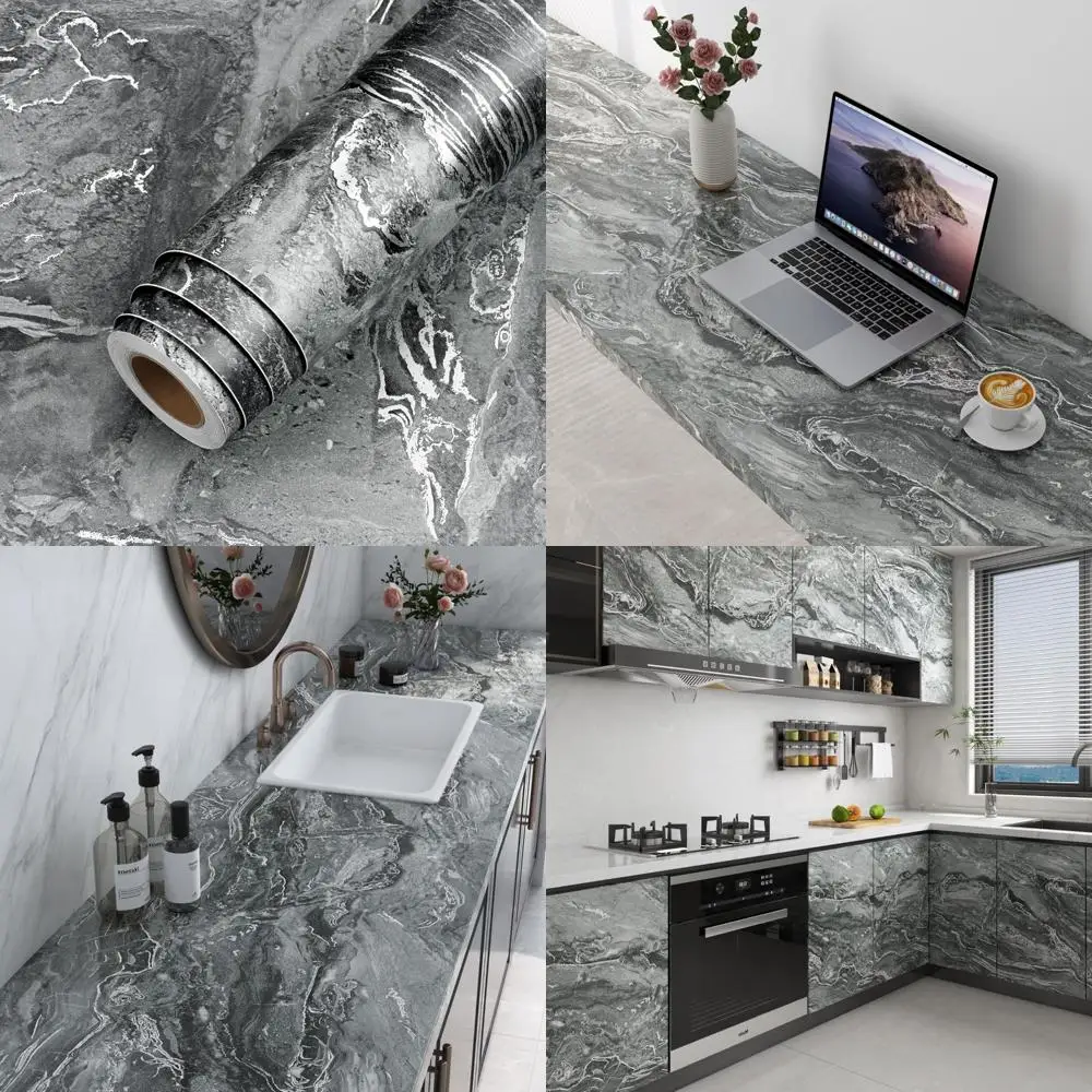 ورق اتصال قابل للتقشير واللصق على سطح الطاولة باللون الرمادي الفضي، مقاس 160 × 36 بوصة، غلاف فينيل لعدادات المطبخ والحمام