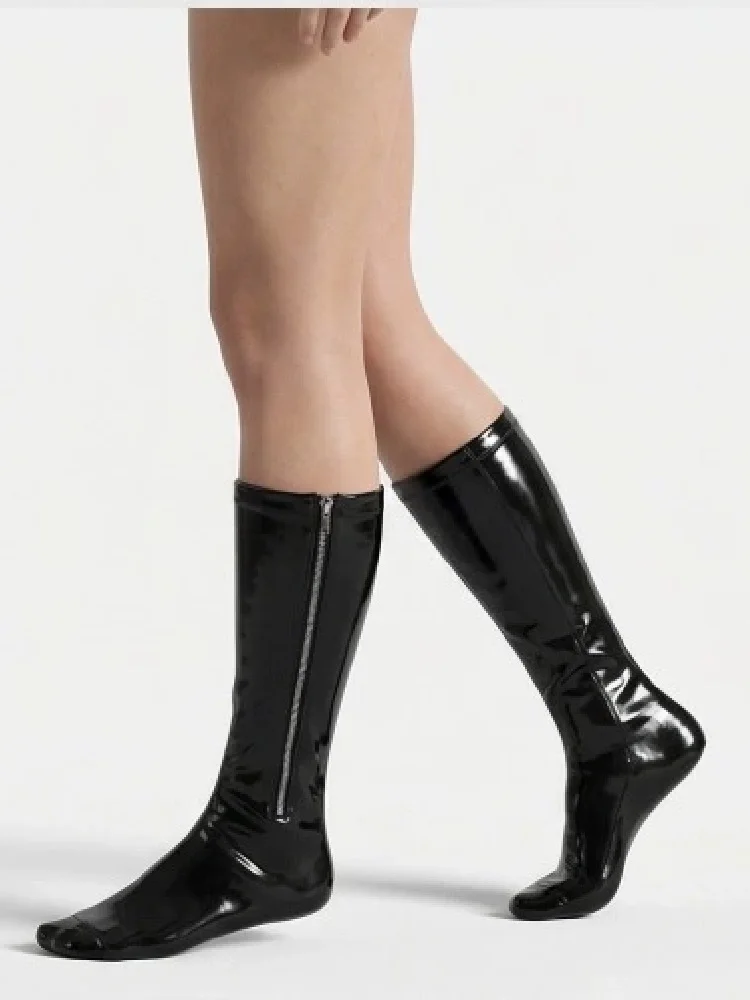 Glossy PU Leather Knee High Socks Side Zipper Wet Look Anti-Slip Calf Stockings Unisex Cosplay Club Party Costume Accessories