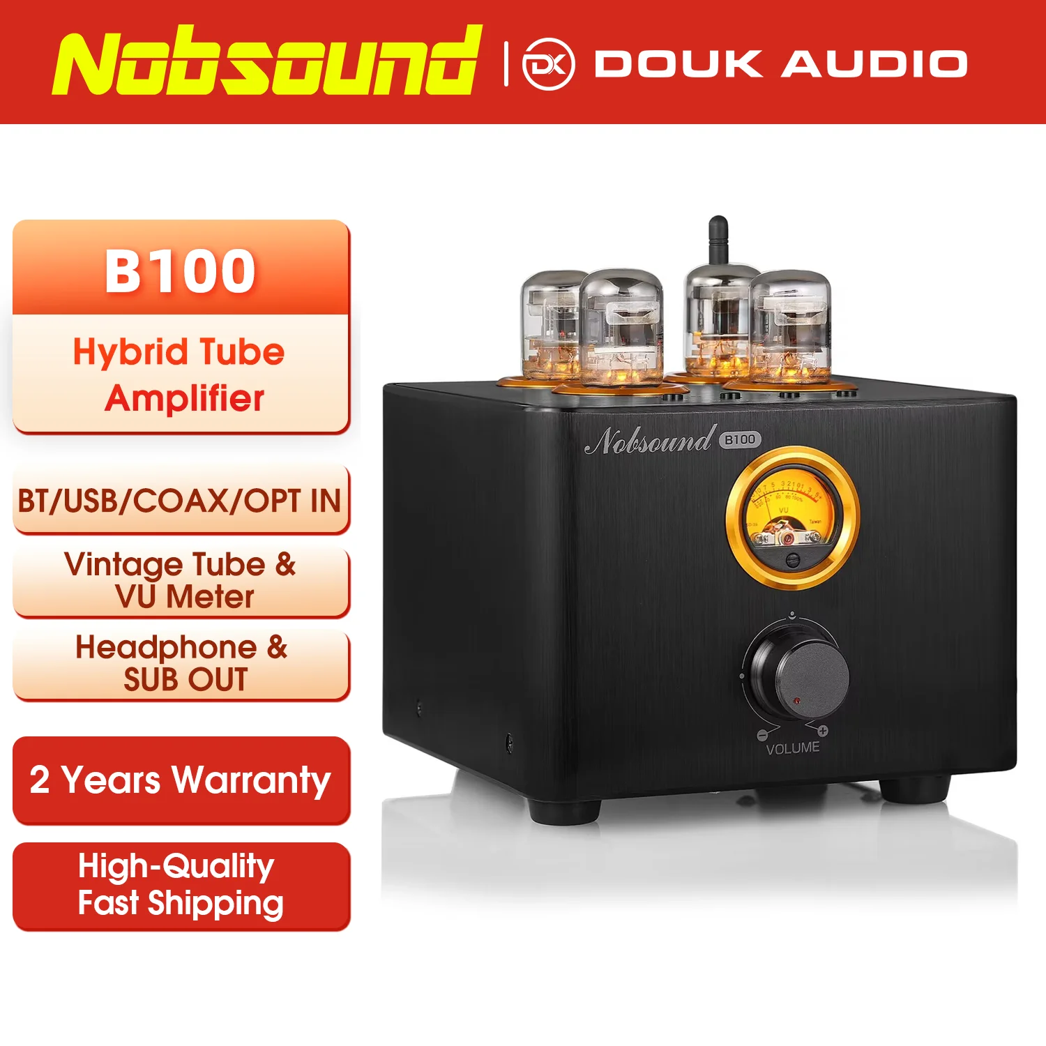 

Nobsound B100 HiFi Valve Tube Amplifier Bluetooth 5.0 Receiver with USB/Coaxial/Optical Hybrid Power Amp VU Meter