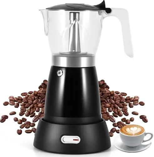 

Electric Moka Pot 300ml, Portable Espresso Maker with Overheat Protection, Black