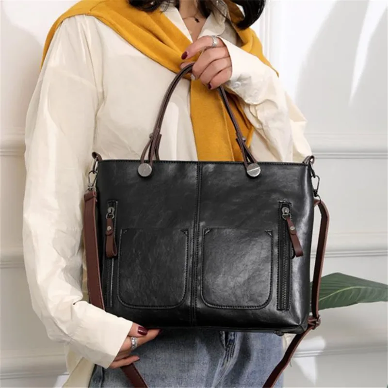 Brown Retro Faux Leather Tote Bag, Women's Multi-Pocket Shoulder Satchel with Top Handles  Adjustable Crossbody Bag Strap