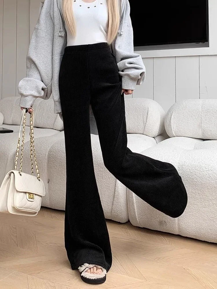 Vintage Black Corduroy Flare Pants Women Casual Elastic High Waist Trousers Female Fall Winter Simple Design Streetwear Pants