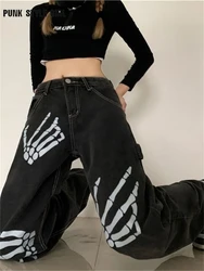 Goth Pants E Girl Y2k Skeleton Hands Print Women Oversize 2022 Fashion Punk Denim Trousers Streetwear Hip Hop High Gothic Jeans