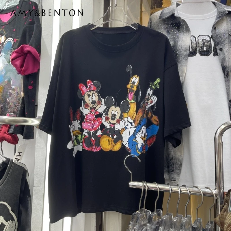 

Design Sense Cartoon Print White Short-sleeved T-shirt Women's 2026 Summer New Y2k Casual Loose Medium And Long Cartoon Top Tees