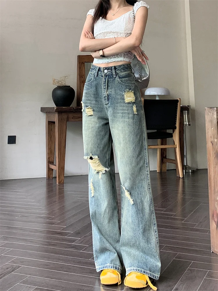 

2025 Trend Women's Y2K Jeans High Waist Ripped Blue Denim Pants Loose Straight Leg Floor-Length Trousers 2539