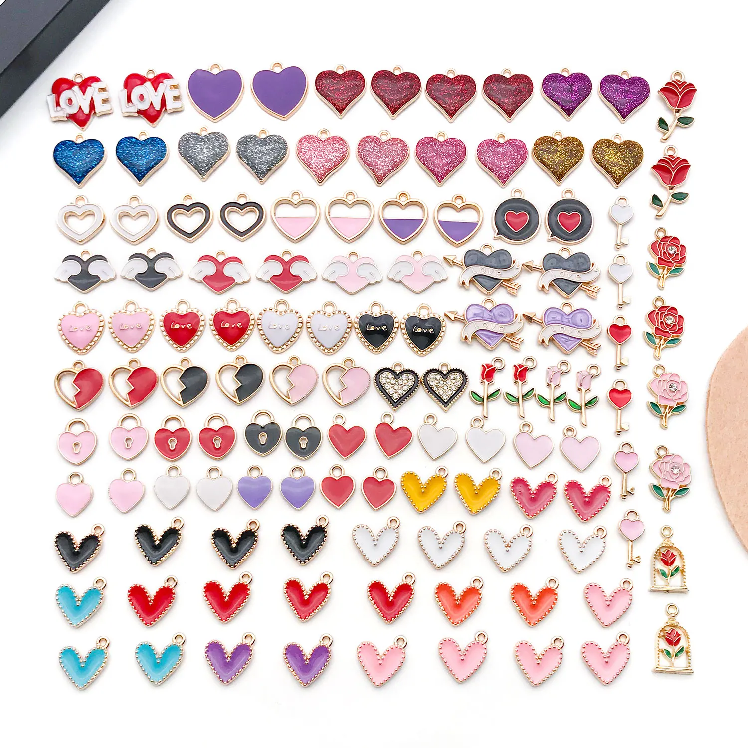 مختلط 30/120 قطعة قلب، شكل خوخ، وردة، سحر قلادة من سبائك المينا على شكل جناح، إكسسوارات زينة ذاتية الصنع، الأكثر مبيعًا.