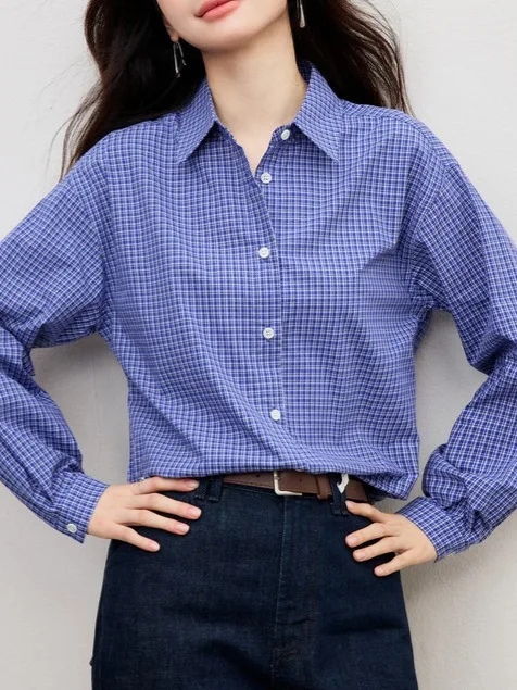 

Женская классическая синяя клетчатая рубашка на пуговицах с длинными рукавами, свободного кроя, повседневная блузка, универсальная одежда для офиса и на каждый день, весенний вариант.