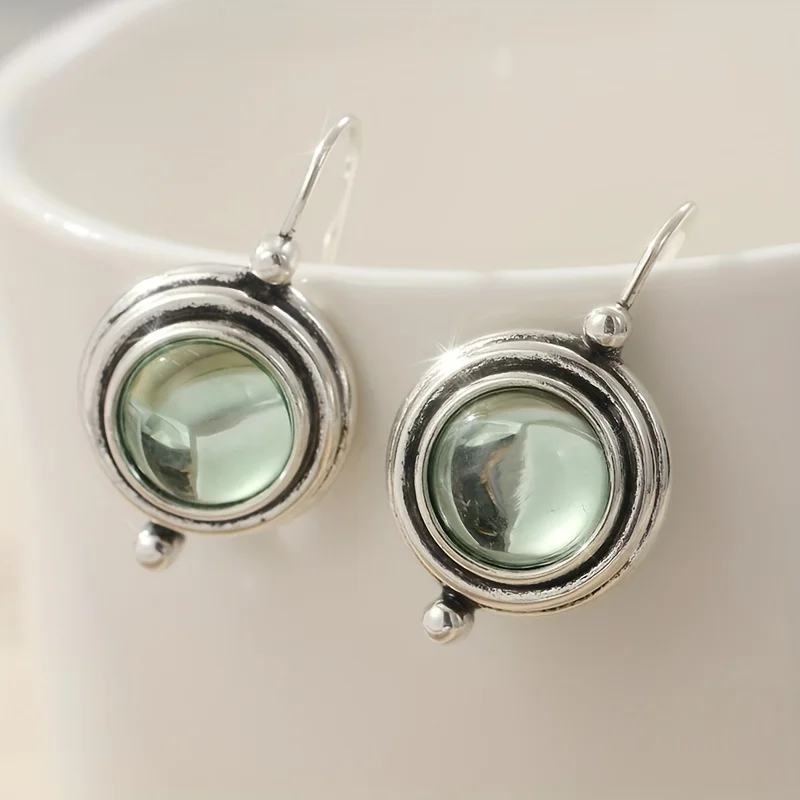 Vintage Trendy Green Color Inlaid Zircon Round Pendant Earrings, Elegant and Festive Multifunctional Accessory Gift for Women