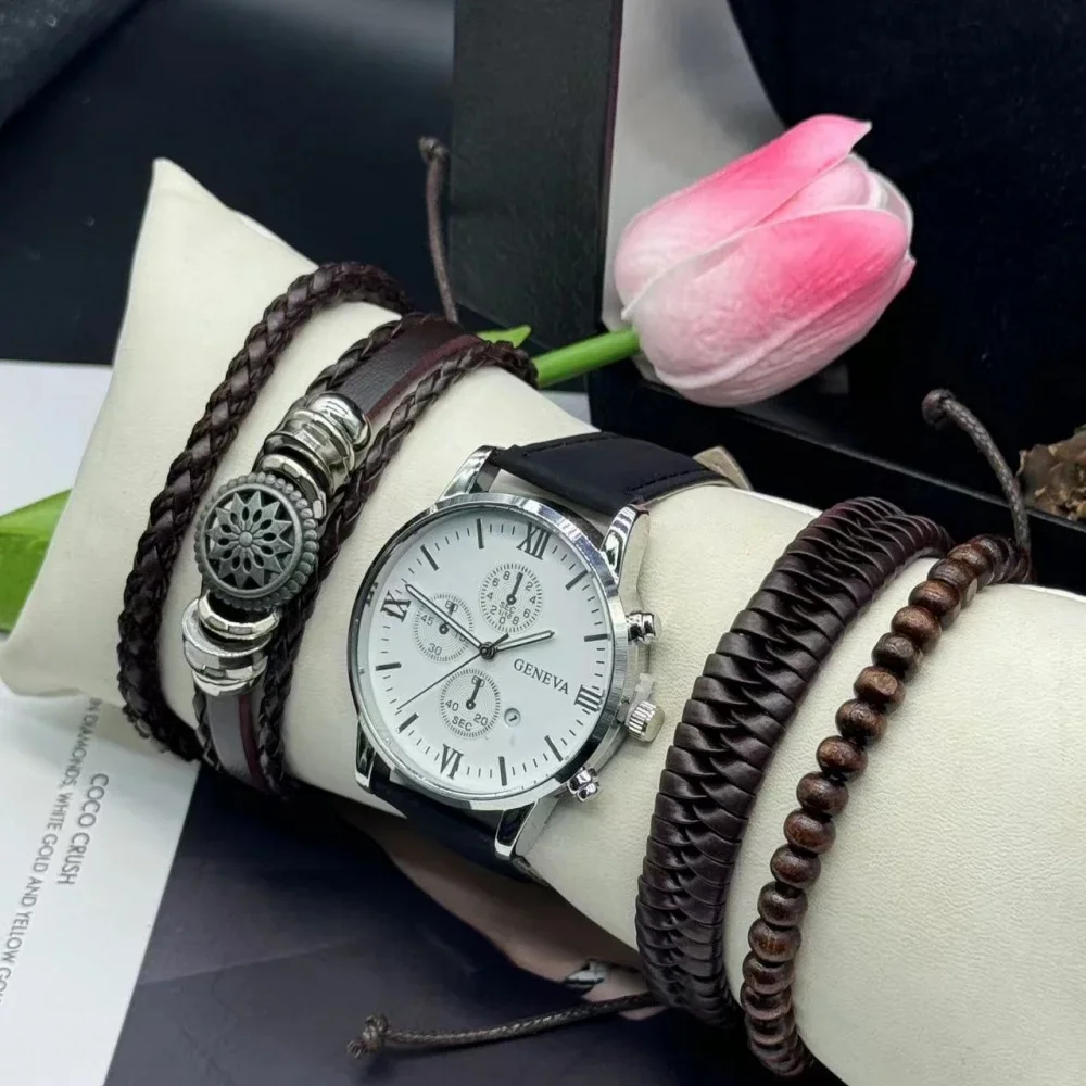 5ชิ้นนาฬิกาควอทซ์แฟชั่นเรียบง่ายฟังก์ชั่นธุรกิจและลำลองสายกันน้ำรวมกล่องสำหรับใส่พักผ่อนกลางแจ้งเล่นกีฬา