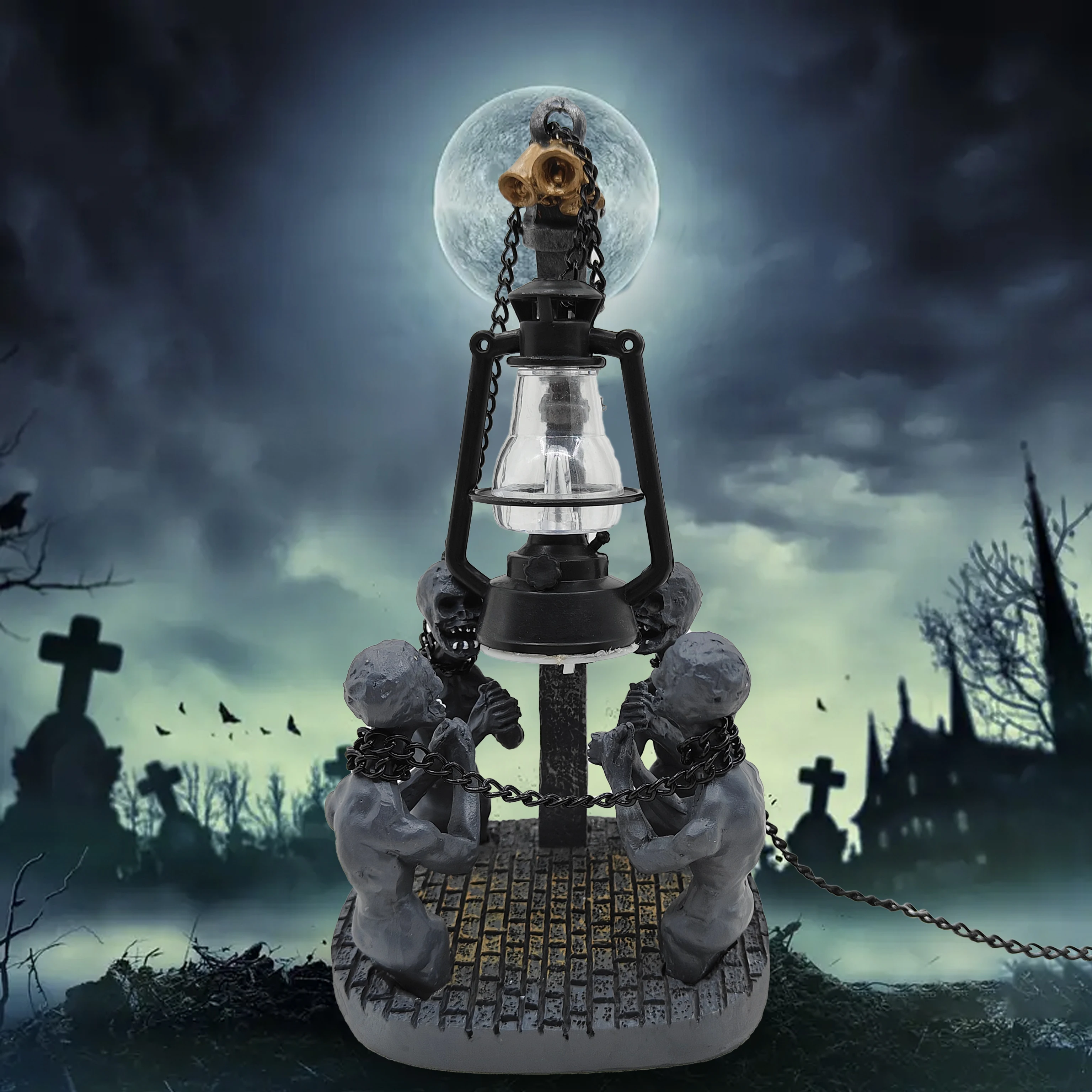 Halloween Retro Oil Lamp Decor，Resin Hell Ghost Statues，Gothic Evil Ghost Chain Coal Oil Lamp，Halloween Skull Home   Decoration.