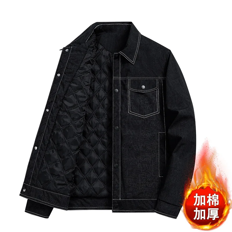 جديد 2025 سترة رجالية مبطنة بالقطن سميكة عصرية طية صدر السترة من قماش الدنيم في منتصف العمر والشباب لملابس غير رسمية #3