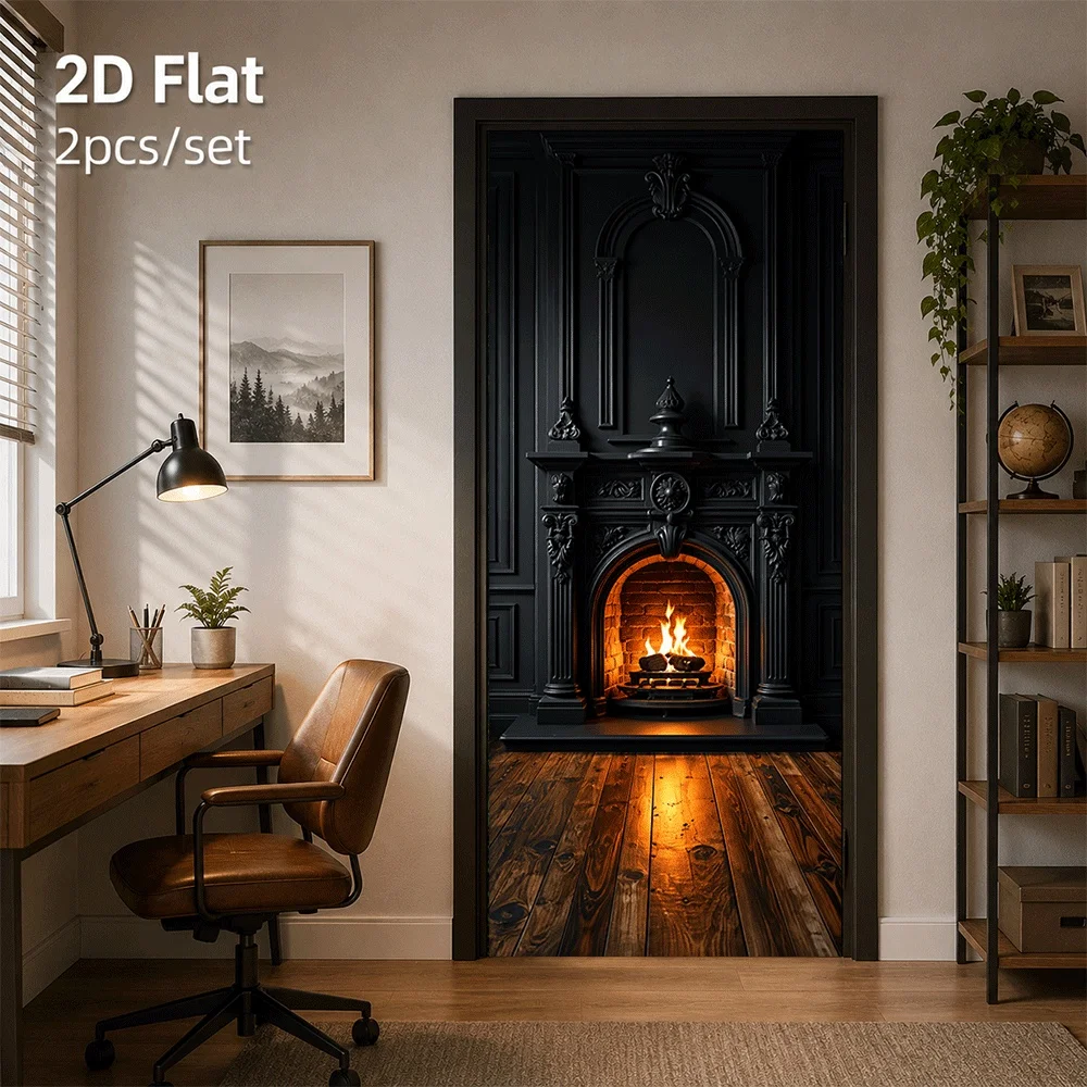 1 piece of retro luxury black fireplace door sticker with simulated flame effect, living room, bedroom background wall, 2D plan