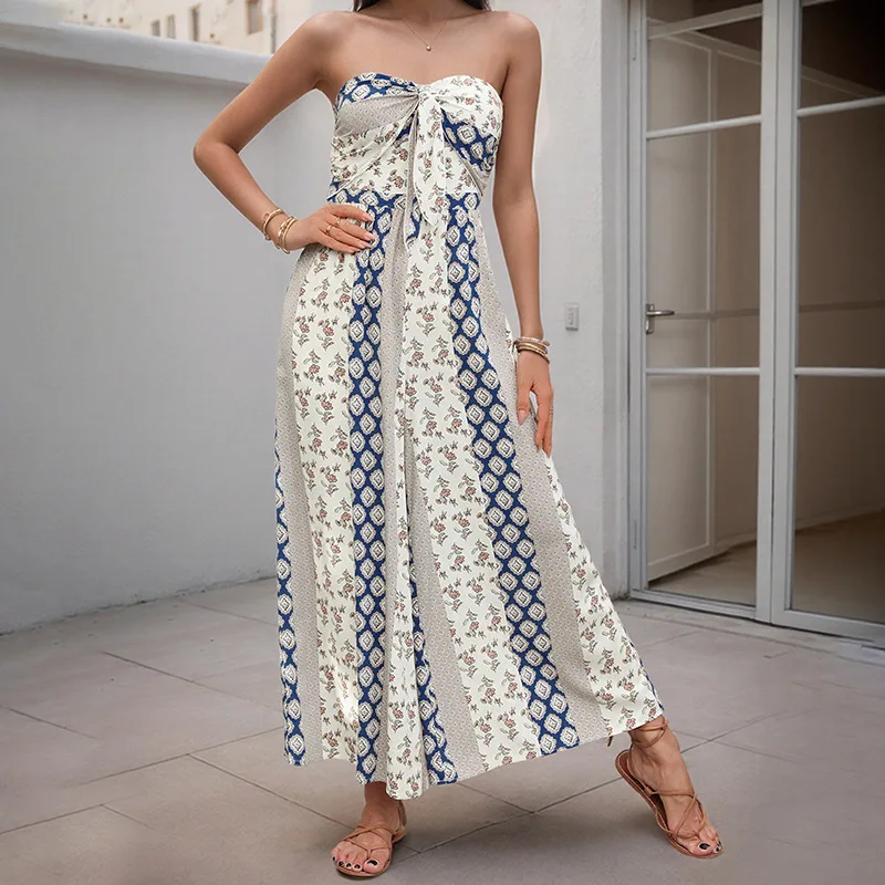 

Women's Strapless Waist Bow Geometric Printed Wide-leg Pants Set Jumpsuit Sexy New Off-shoulder Fashion Vacation High