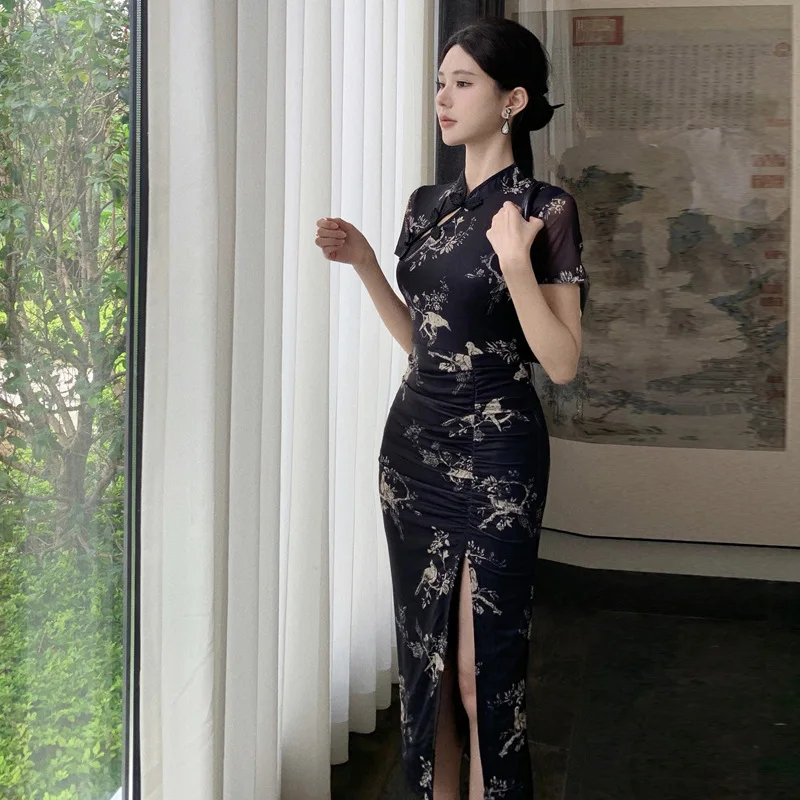 Modern Cheongsam Chinese Qipao Dress Sexy Black Print Vintage Oriental  Dresses For Women Dance Performance - AliExpress 200000532