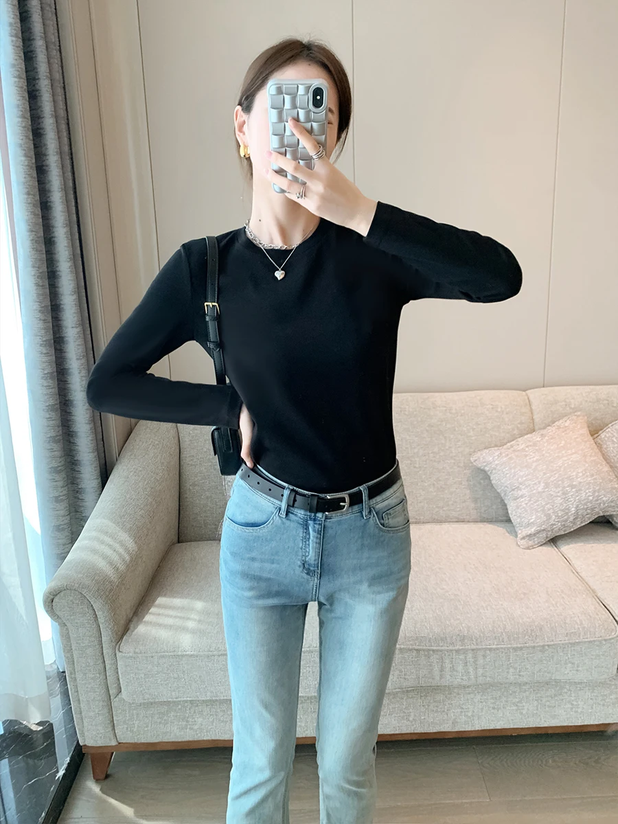 

Slimming Bla Long Sve Base irt Women's Inner Wear T-irt Faionable Commute Sle Cotton Regular Fit round Ne