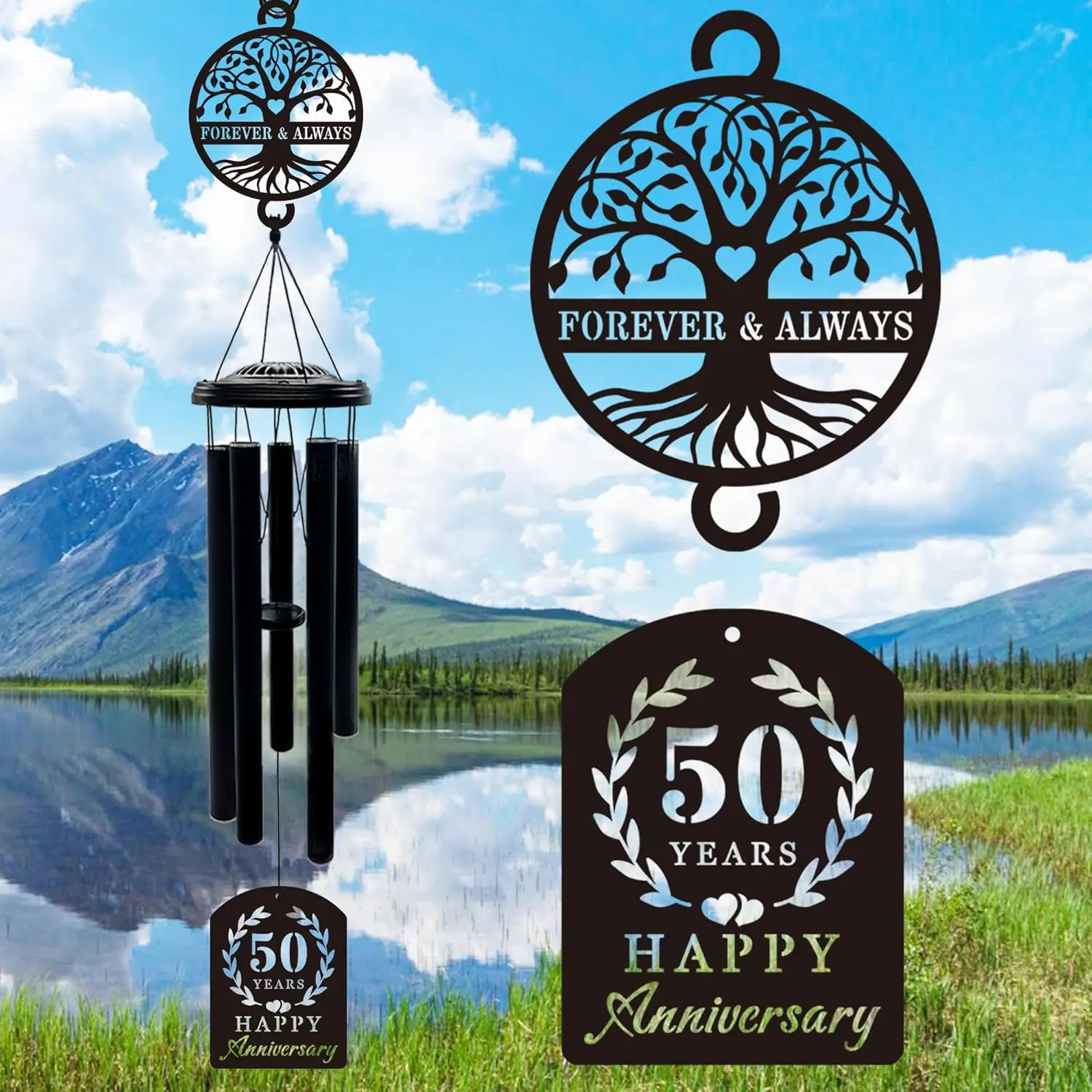 

50th Anniversary Wind Chime Gift, Golden Keepsake for Parents Couples Friends, Tree of Life Decor