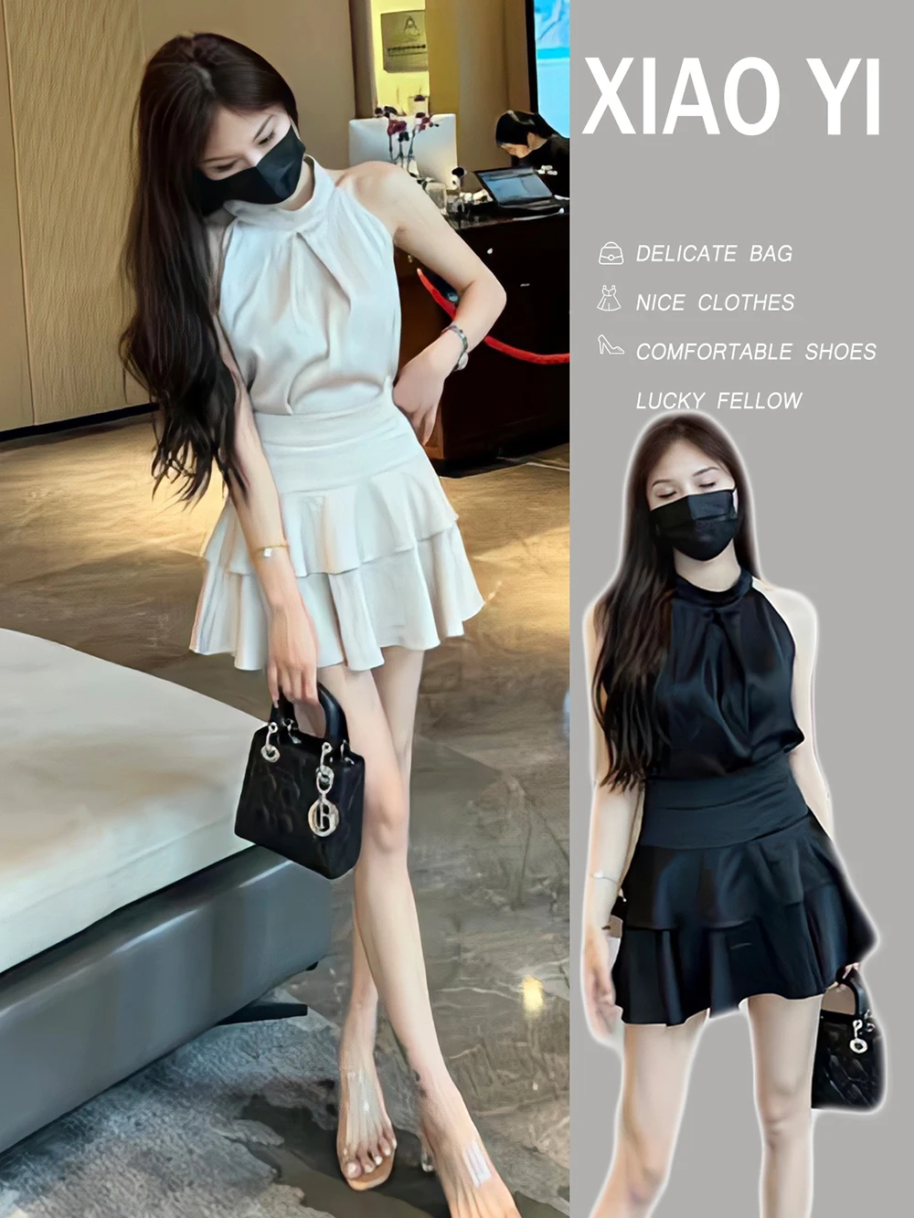 Elegant Silk Fabric 2piece Set Women's New Summer Hanging Neck Pleated Sleeveless Shirt+Elastic Bilayer Ruffles Short Skirt