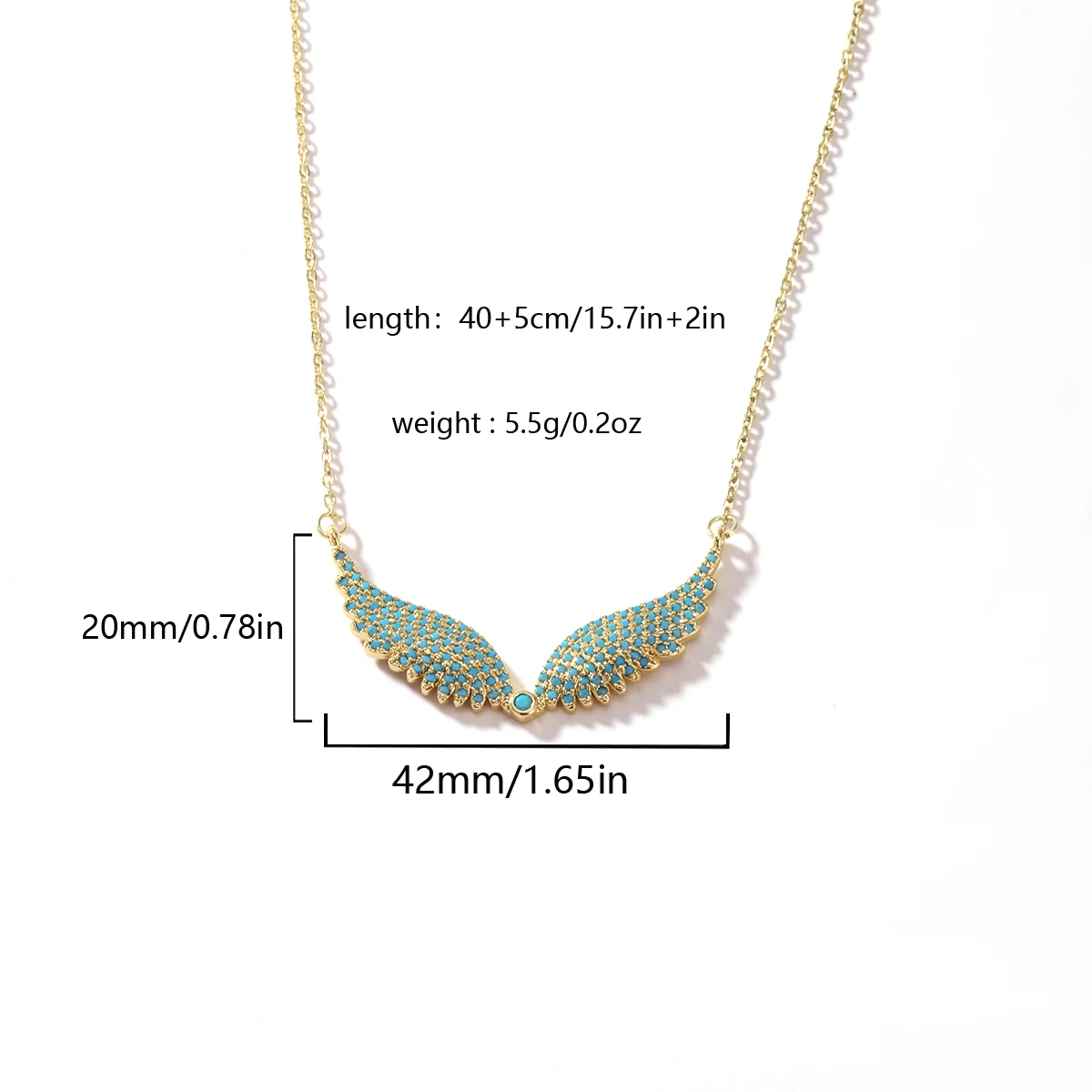 Engelsflügel-Halskette Vollbesetzt mit Zirkonia Feder-Anhänger Edelstahlkette Gold Silber Mehrfarbig Türkis Rosa Kristall Choker – Detail 2