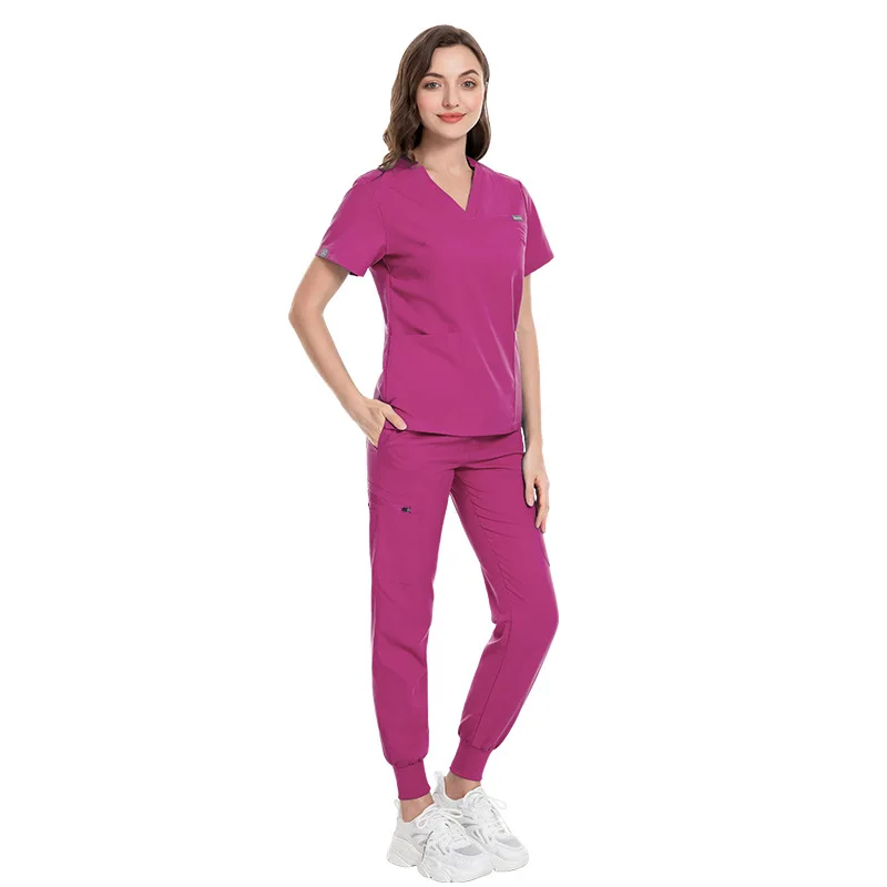 Per le uniformi di moda delle donne dell'infermiera di estate tessuto fresco manica corta scrub medici vestiti che allattano pantaloni elastici