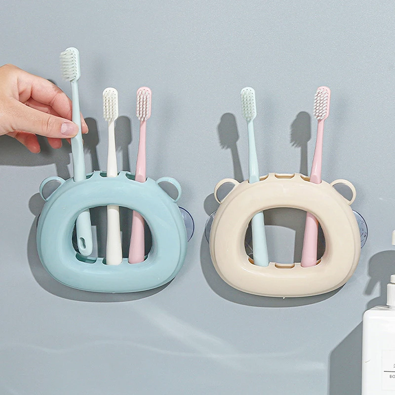 Creative Suction Cup Toothbrush Holder Wall Mounted 3 Slots Toothbrush Rack Punch-Free Wall Shelves Hooks