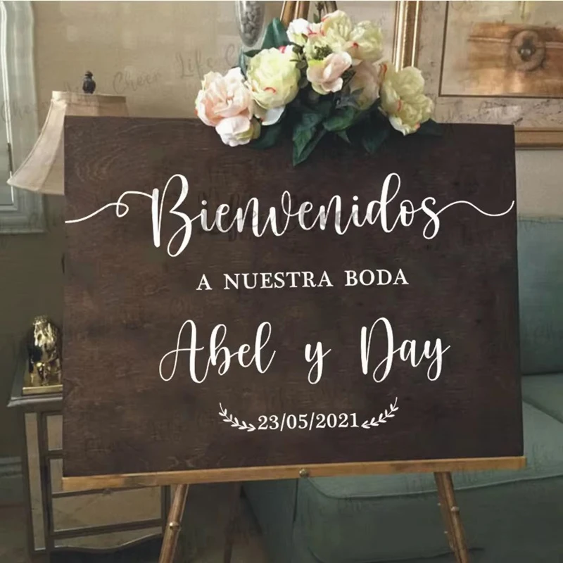 Spanish Wedding Welcome Mirror Board Stickers Custom Wedding Mariage Sign Vinyl Decals Personalised Names Vinyl Sticker Mural