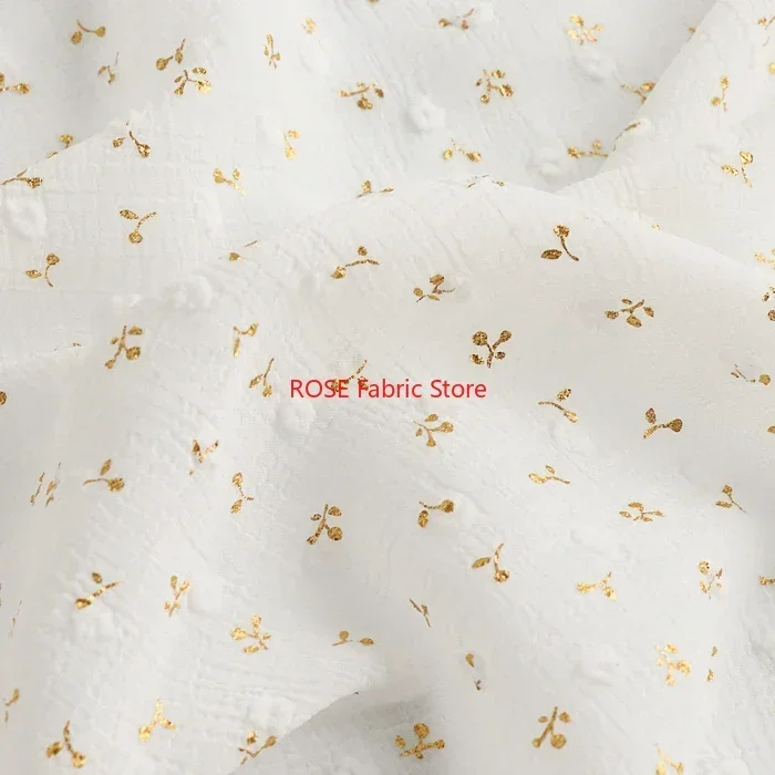 Gold Cherry Bronzing White Chiffon Fabric Polka Dot Jacquard Pleated Fabric For Summer Blouse, Lace Top, Toddle Dress, Shirt