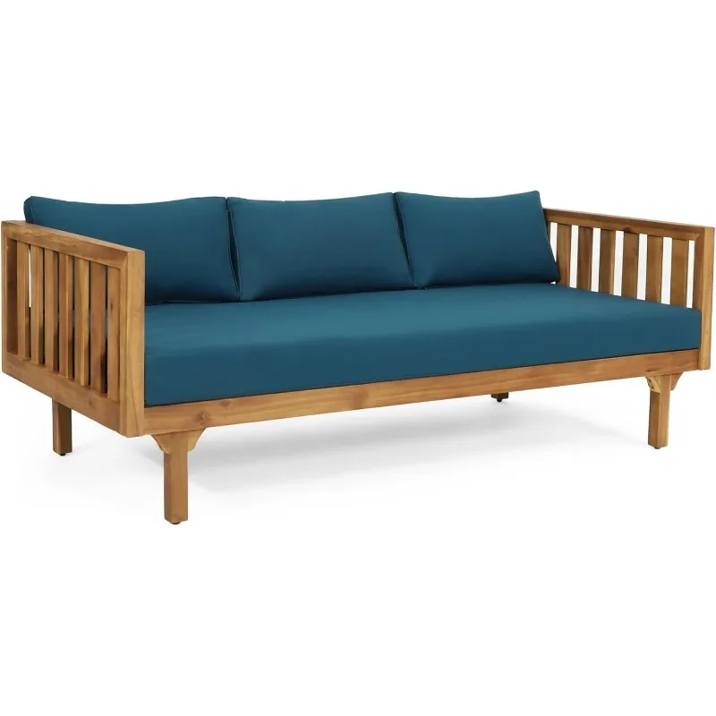 

Outdoor 3 Seater Daybed, Acacia Wood Day Bed Couch Sofa with Cushions for Patio Backyard, Garden, Blue