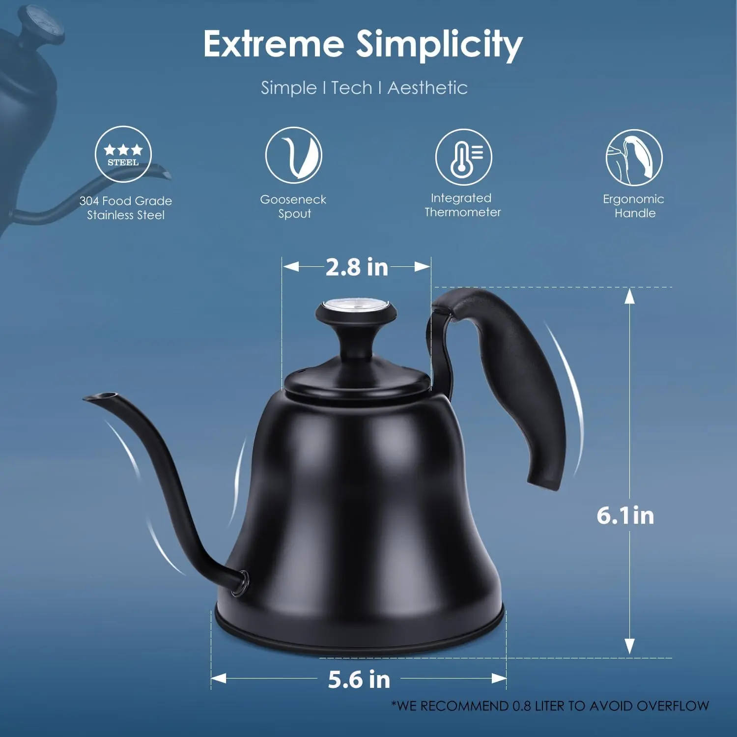 Tea Kettle with Thermometer Stovetop Gooseneck Kettle 28oz 0.8L Pour Over Coffee Pot, Matte Black Camping Home Kitchen Water Boi