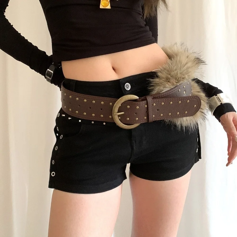 Sabuk Retro Punk Serbaguna Bulu Imitasi Cokelat Sabuk Wanita Lebar Sabuk Rompi Wanita Aksesori Pinggang Wanita
