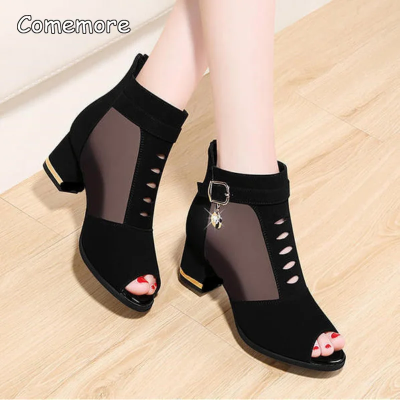 Comemore 2023 Peep Toe Women\'s Sandals Boots Women PU Leather Summer Mesh Black Pumps Shoes Sexy Low Heels Sandalias De Mujer