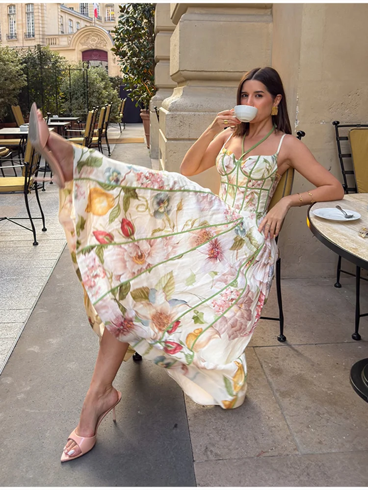2026 Neues Boho Blumenmuster Neckholder Maxikleid für Damen Korsett-Bustier Rosa Besatz A-Linie Fließendes Sommer-Urlaubskleid für den Strand – Detail 10