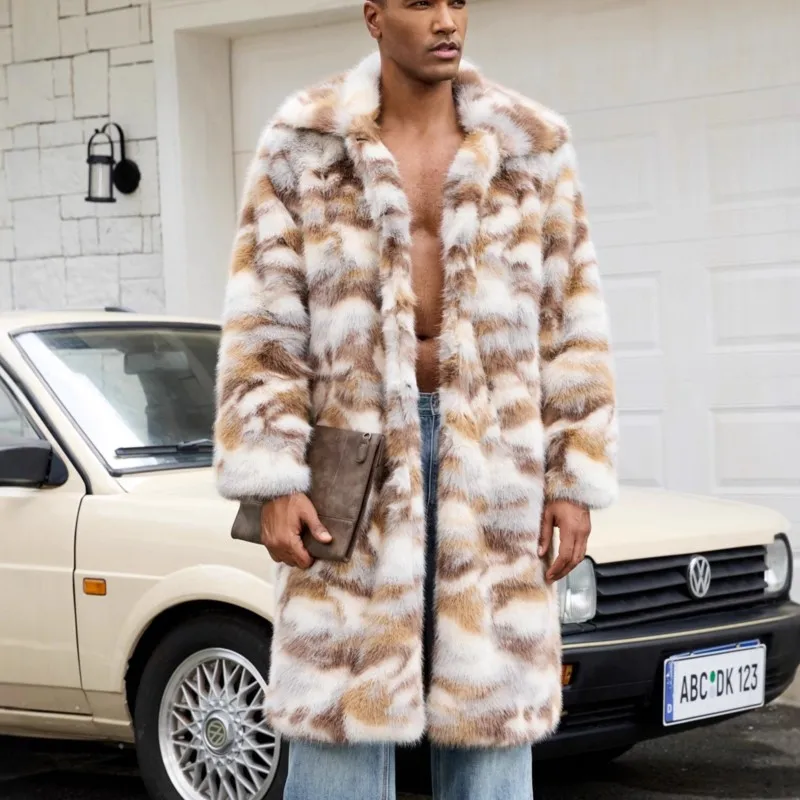 رجل فو الفراء التمويه سترة فضفاضة القمم الفراء رقيق رشاقته معاطف طويلة سترة ملابس خارجية 2025 الشتاء الدافئة جاكيتات معاطف الرجعية