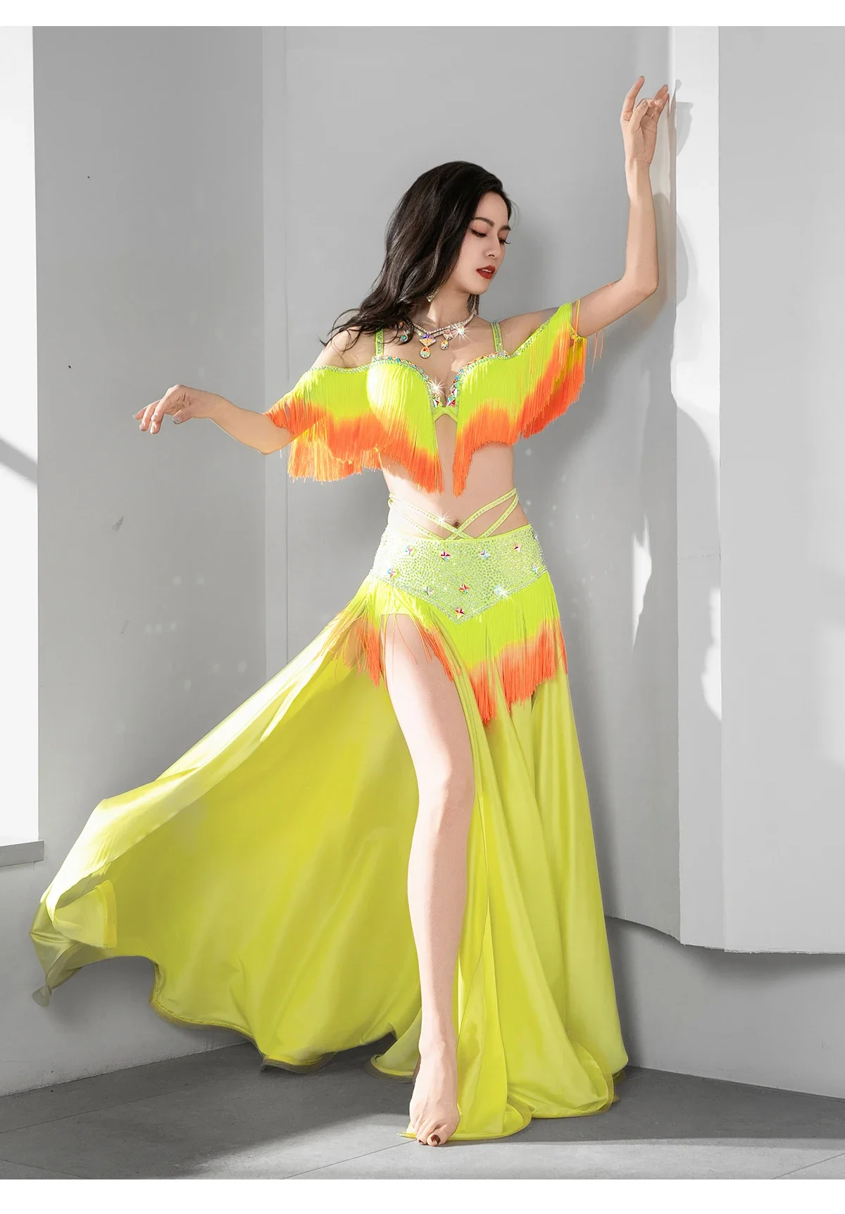 Women Oriental Dance Egyptian Belly Dance Costume Rhinestone Beaded Bra Belt Maxi Skirt Group Dance Competition Outfit Popsong