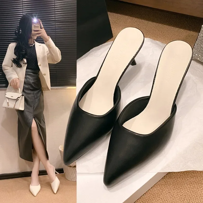 2024 New Comfortable Thin Heel High Heels Women\'s Summer Pointed Shallow Mouth Slippers Fashion and Elegant Dress Shoes