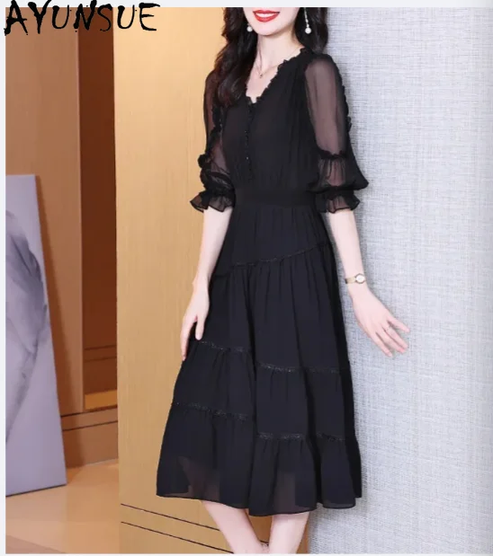 

Элегантное женское длинное платье Tcyeek из 100% натурального шелка тутового шелкопряда, коллекция Лето 2026, черное платье