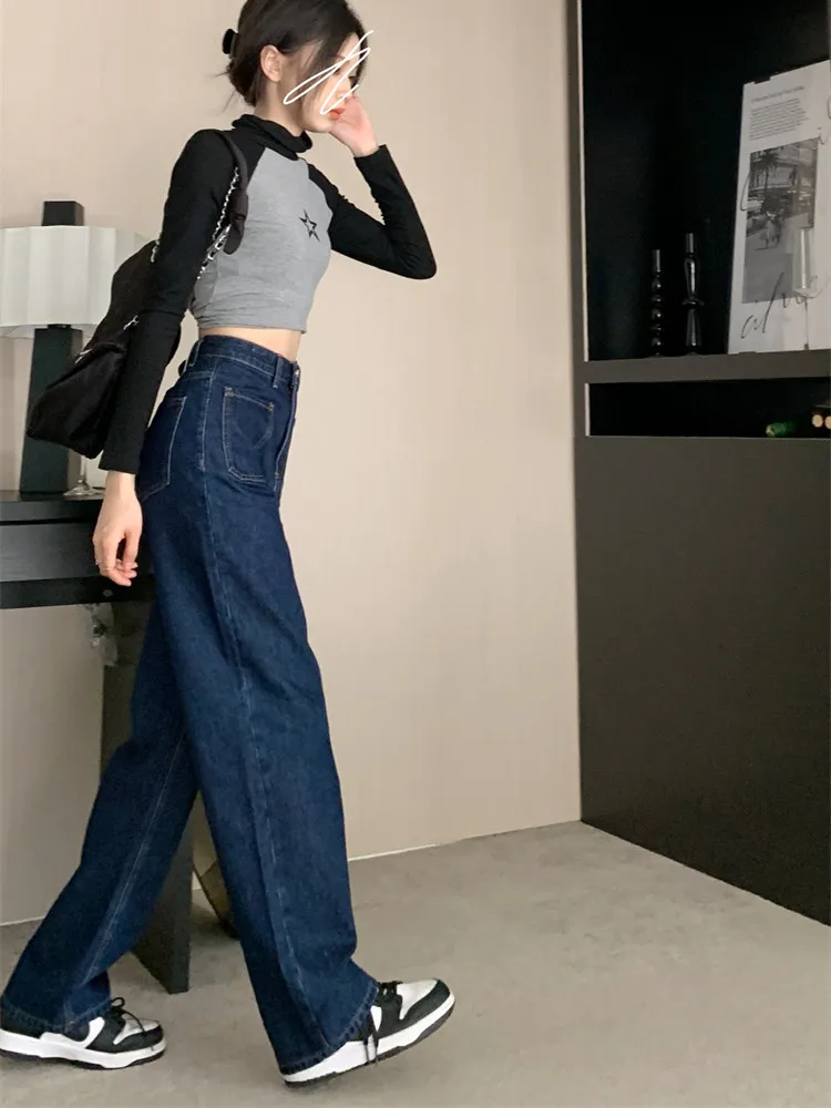 Jean coupe droite taille haute pour femme, pantalon en Denim, ample et polyvalent, longueur au sol, nouvelle collection automne