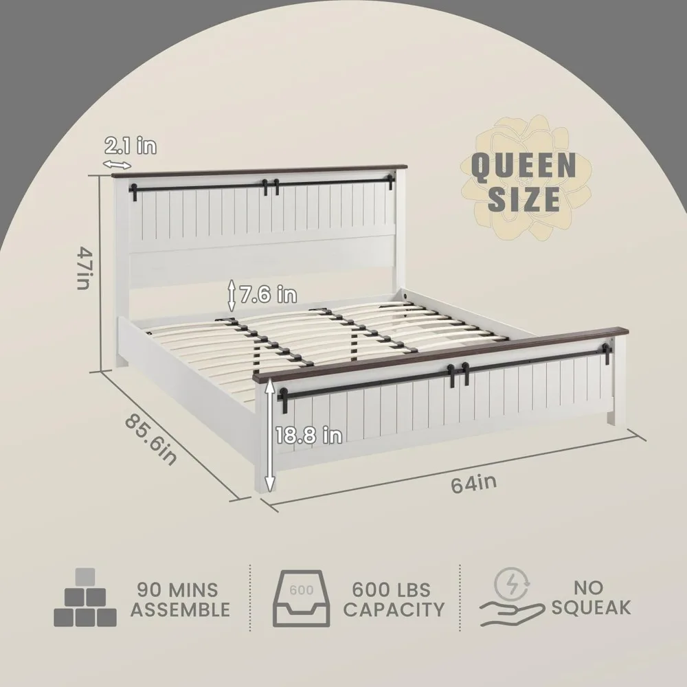 Twin Room Bunk Double Bed Wood Bed Frame With Groove Sliding Barn Door Footboard Queen Beds No Box Spring Needed (White) Bedroom