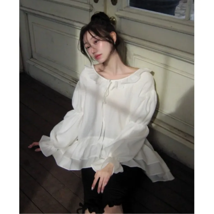

Нежная женская блузка с многослойными оборками и круглым вырезом, новинка весенней коллекции, корейский стиль, из мягкого материала, для повседневной носки